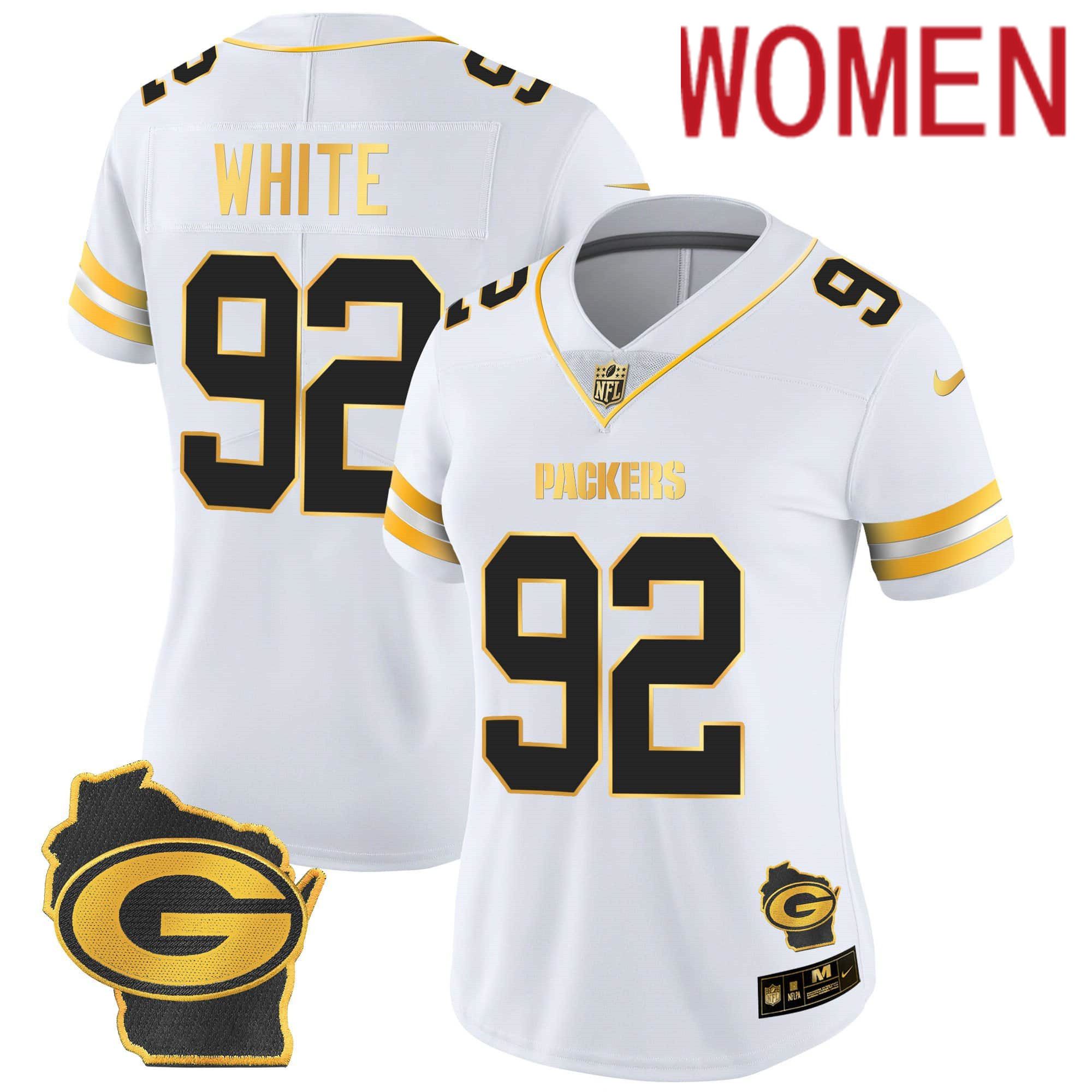 Women Green Bay Packers #92 White White Gold 2024 Nike Home Patch Vapor NFL Jersey->customized nfl jersey->Custom Jersey